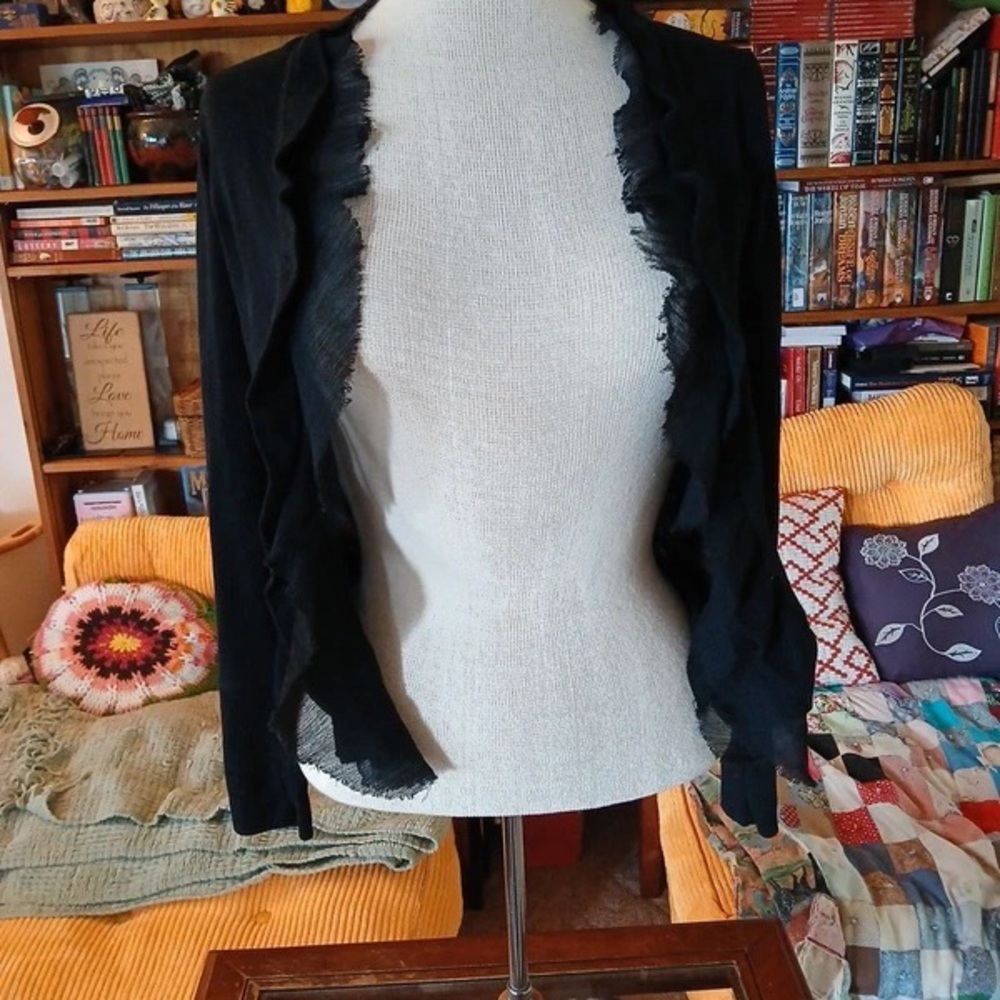Black Ruffled Open Front Cardigan